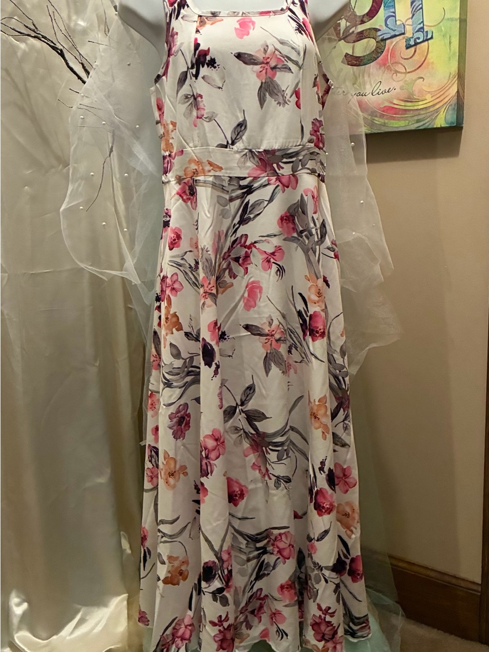 Floral Ivory Maxi Dress with Pink & Purple Blooms